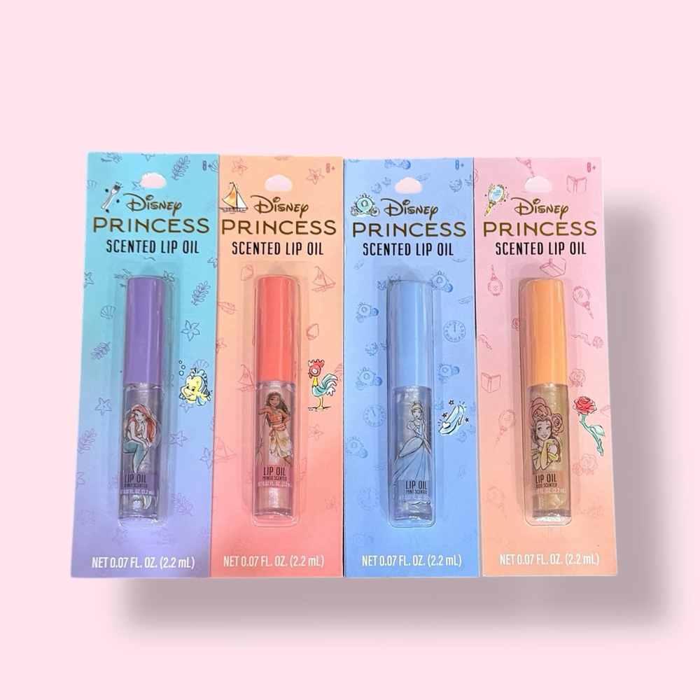Disney Princess Scented Lip Oil Set + Blue Gingham Zipper Pouch New